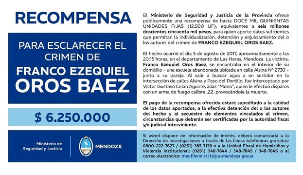  RECOMPENSA POR ESCLARECIMIENTO CRIMEN 