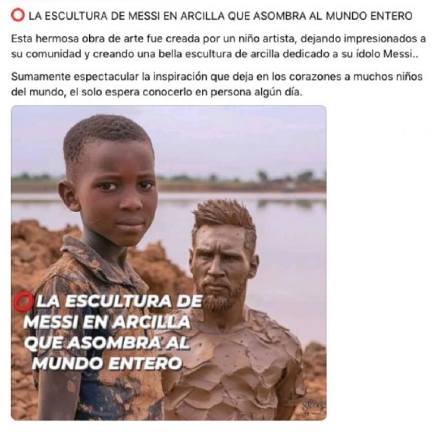 Esta imagen de un niño con una escultura de Lionel Messi en barro no es real: fue creada con inteligencia artificial. Las redes mienten