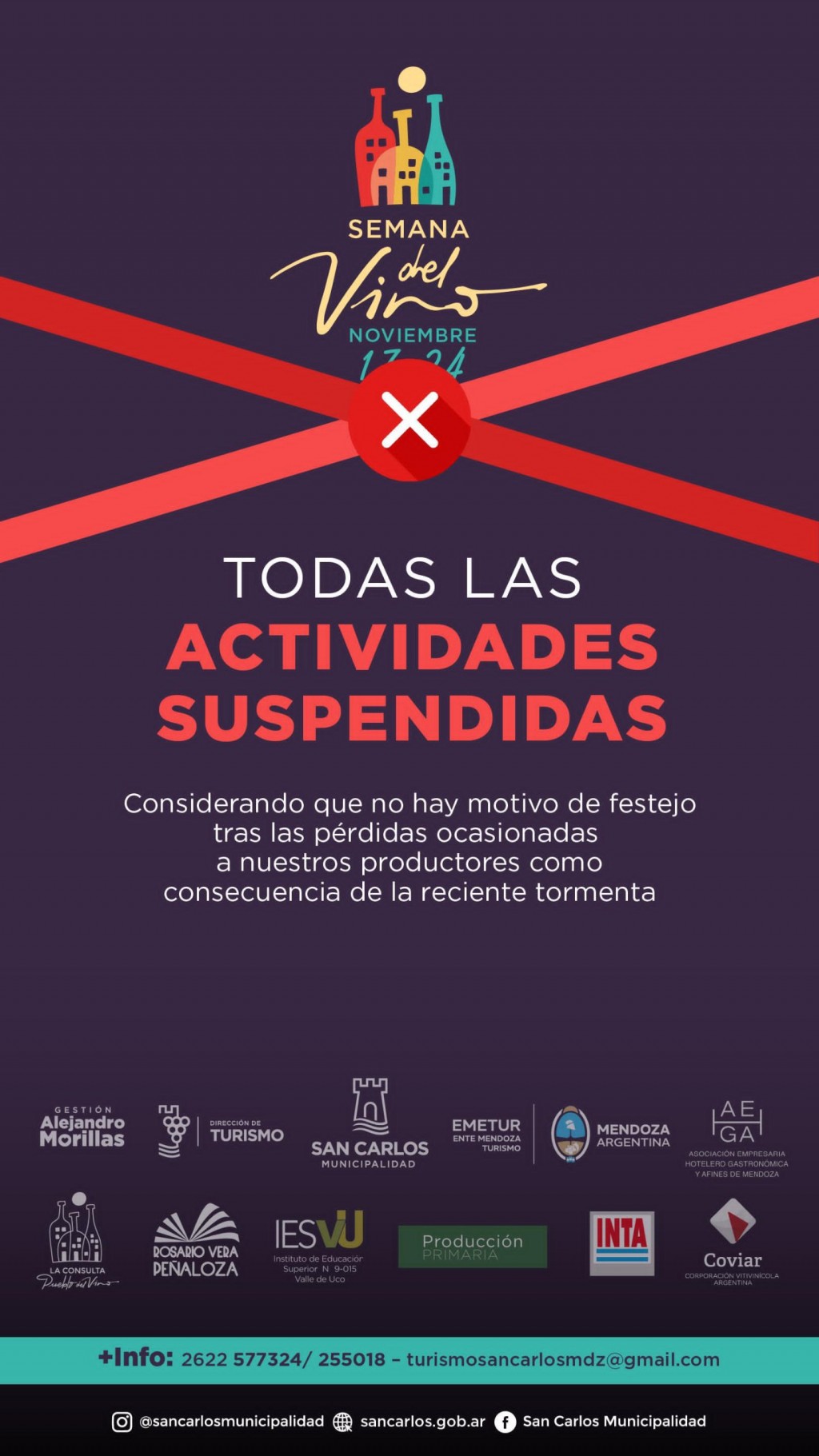 SAN CARLOS: SUSPENSIÓN DE ACTIVIDADES Y EVENTOS.