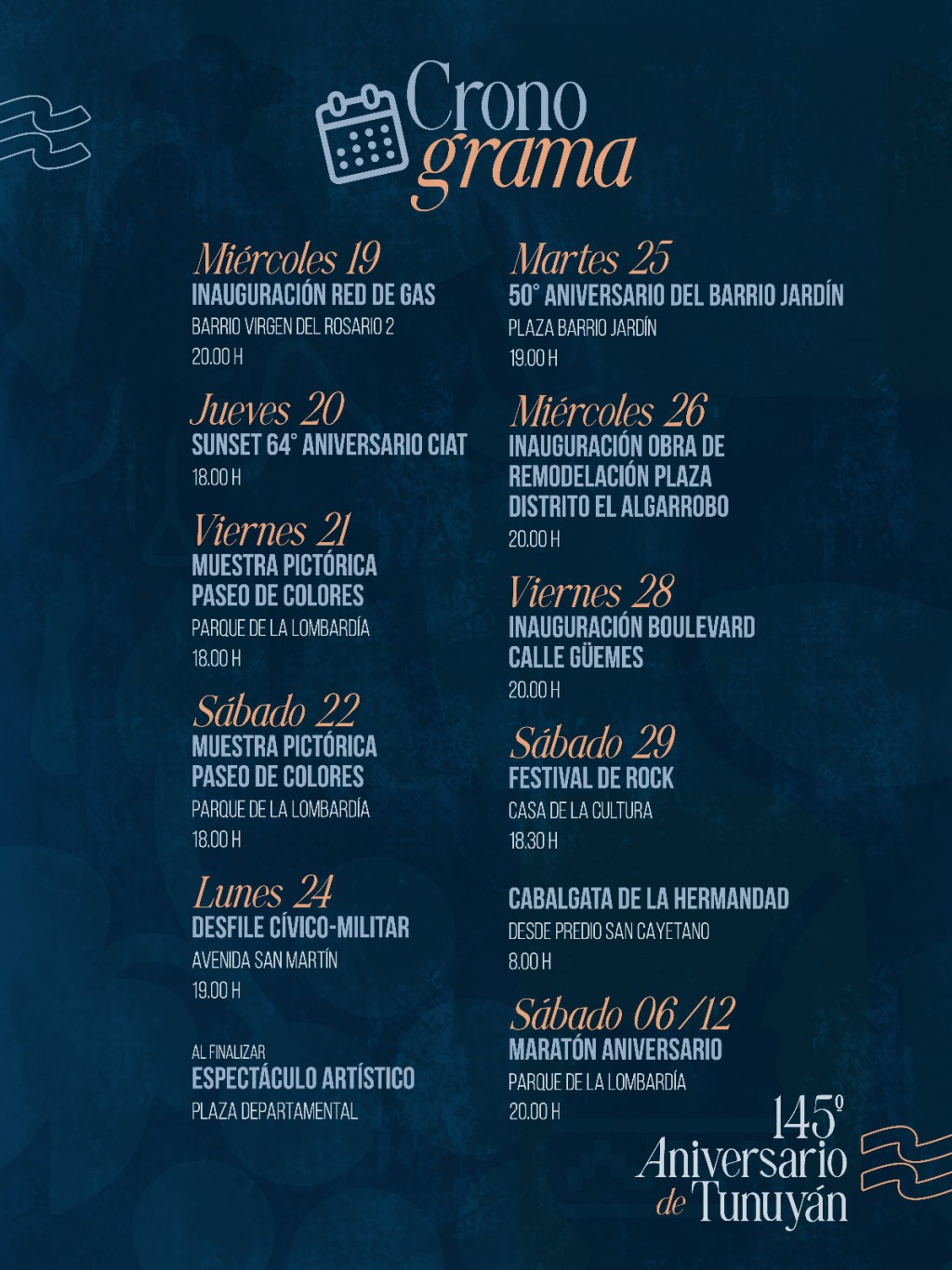 Cronograma del 145° Aniversario de Tunuyán
